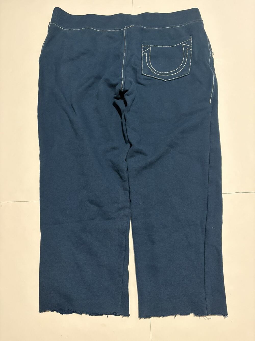 True Religion Womens L Sweatpants Navy Horseshoe Cropped Raw Hem Y2K Lounge